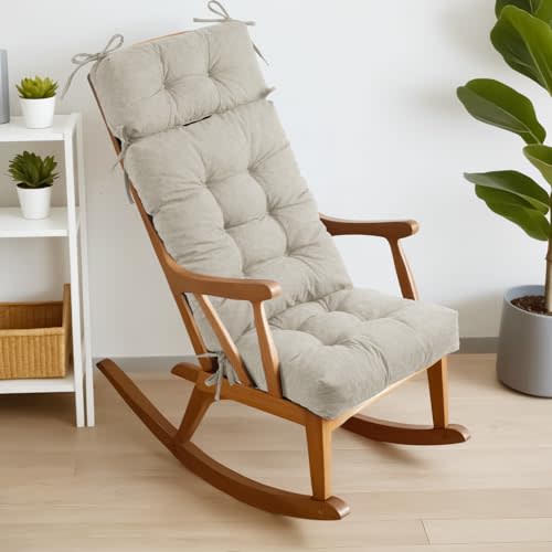 Rocking Chair Cushions for Indoor Rocker, Comfortable Polyester Brushed Tufted Non-Slip Rocking Chair Pads with Ties for Adirondack, Glider Chair rocker replacement cushions, Beige Cream, 52"x19"x4"