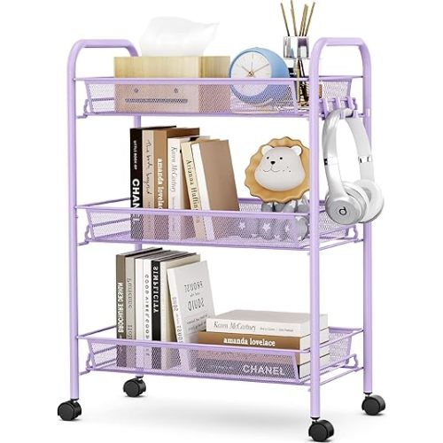 TOOLF 3-Tier Metal Rolling Cart, Mesh Wire Easy Assemble Utility Cart, Storage Trolley on Wheels with 3 Hooks, MetalStorage Shelving Units for Kitchen Bathroom Laundry Room