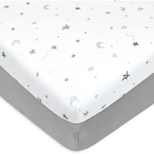 American Baby Company 2 Pack 100% Natural Cotton Fitted Mini Crib Sheets 38" x 24" - Soft & Breathable Small Nesting Portable Sheets, Fits Pack N Play Mattresses, Gray Stars and Gray, for Boys & Girls