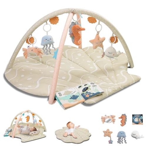 Baby Play Gym Mat, Tummy Time Activity Mat for Babies 0-6 Months, Oversize shell Shaped Baby Play Mat with 6 Detachable Toys, Baby Mat for Floor Sensory Exploration and Motor Skill Development (Beige)