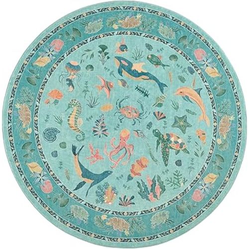 Soft Marine Animal Washable Faux Wool Stain Resistant Rug Rubber Non-Slip Backing for Playroom Bathroom Living Room Bedroom Bedside Beachy Cute Coastal Nautical Nursery Rug (Turquoise, 5' Round)