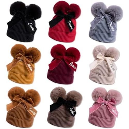 Personalized Baby Beanie Hats, Custom Name Double Bobble Knit Hat with Bow for Boys Girls, Soft Warm Beanie Cap