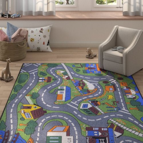 Machine Washable Non-Slip Rubberback Educational Town Traffic Play Kids Bedroom, Playroom Area Rug