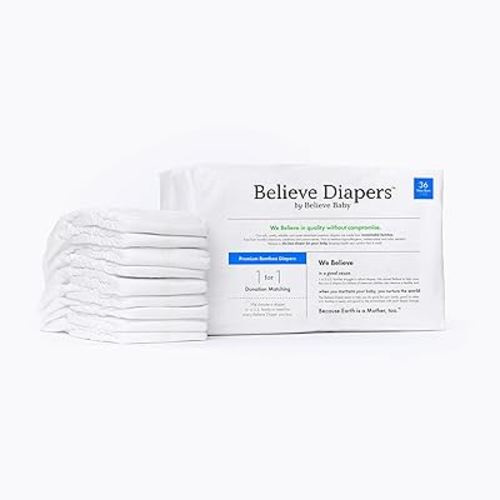 Believe Baby 100% Bamboo Viscose Baby Diapers Size Newborn - Premium, Super-Absorbent, Hypoallergenic for Sensitive Skin, Chemical-Free, Unscented Diaper for Babies <10 Lbs - 36 Ct