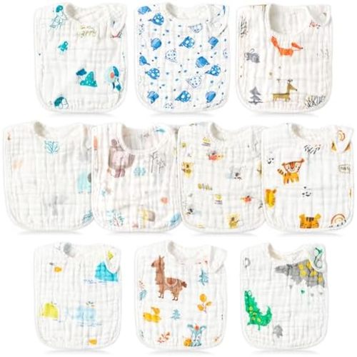 BUoonyer 10pcs Snap Muslin Cotton Bibs, Baby Bandana Drool Bibs, Adjustable Soft Absorbent Cotton Scarf