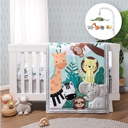 The Peanutshell Crib Bedding Set for Boys or Girls, Safari Nursery Decor, Baby Bedding Crib Mobile Set, 4 Piece Jungle Animals