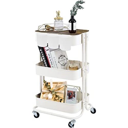 3-Tier Metal Utility Rolling Cart Storage Side End Table with Cover Board for Office Home Kitchen Organization, Cream White