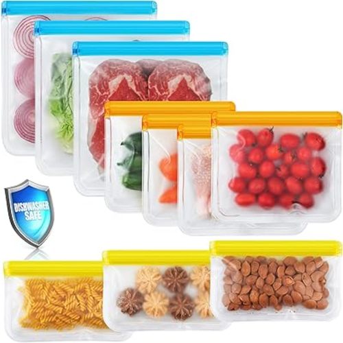 10 Pack Dishwasher Safe Reusable Bags, Leakproof Reusable Freezer Bags, BPA Free Food Storage Bags for Lunch Marinate Food Travel - 3 Gallon 3 Snack 4 Sandwich Bags