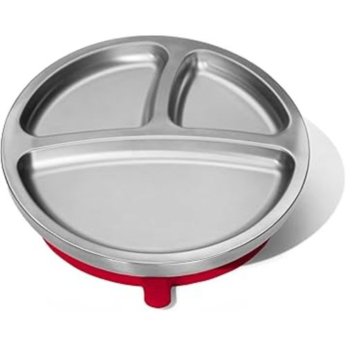 Avanchy Baby Plates with Suction – Stainless Steel Divided Plates for Toddlers, BPA-Free, Dishwasher Safe, Unbreakable, Non-Toxic, 100% Silicone Suction – Magenta