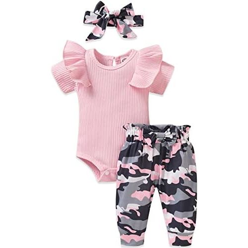 fioukiay Preemie Newborn Baby Girls Clothes Infant Little Kids Romper Bodysuit Pants Headband Clothing Set Summer Outfits