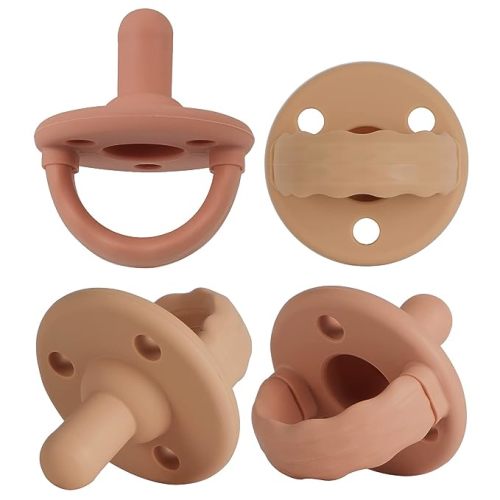 Soother Pacifier,Food Grade Silicone Pacifiers with Handle & 3 Holes for Added Safety, BPA Free, 4-Pack (Muted x2 / Apricot x2)