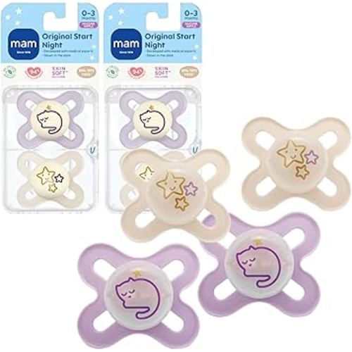 MAM Original Start Night Baby Pacifiers, Binky for 0-3 Months, BPA-Free Silicone Nipple, Easy to Clean, Best for Newborn Babies, Developed with Medical Experts, 4 Count Binkies with Sterilizer Case