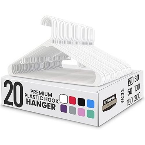Utopia Home Plastic Hangers 20 Pack - Space Saving Clothes Hanger - Durable & Strong Closet Organizers and Storage with Built-in Strap Hooks - Essential for Shirts, Pants, Skirts & Coats (White)