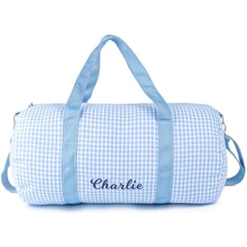 MT WORLD Kids Overnight Duffel Bag Personalized Duffle Bag for Baby Custom Seersucker Toddler Overnight Bag with Name Lightweight Weekender Sleepover Bag with Removable Strap Custom Child Gift (Blue)