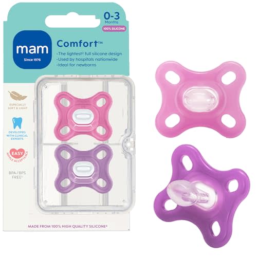MAM Comfort Baby Pacifiers 0-3 Months Newborns, Lightweight One-Piece Full Silicone Binky, BPA-Free Nipple, Easy to Clean Pacifier, Best for Breastfed Babies, 2 Count, Sterilizer Case, Made in Europe