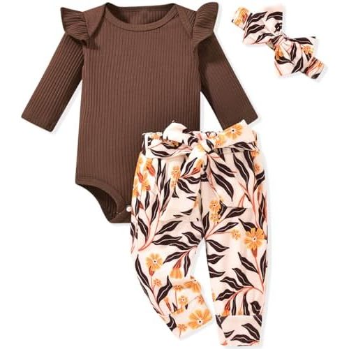Aalizzwell Preemie Newborn Infant Baby Girls Clothes Ribbed Romper Bodysuit Pants Set Fall Winter Outfits