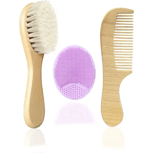 Molylove Baby Hair Brush with Wooden Handle and Comb Set for Newborns & Toddlers | Natural Soft Goat Bristles l Wood Comb l Purple Silicone Brush| Ideal for Cradle Cap (3 Piece)