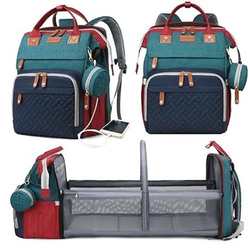 Baby Diaper Bags with Changing Station, Waterproof Diaper Bag Backpack for Moms Dads with USB Charging Port, Baby Shower Gifts, Large Capacity diaper backpack, Red-Green-Blue