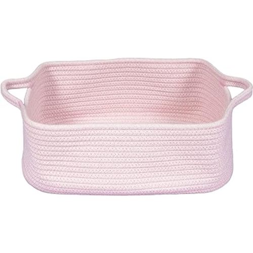 Woven Cotton Rope Storage Basket with Handles for Organizing Shelves Closet Small Cat Dog Pet Toy Baskets Box Bin Decorative Rectangle Baby Nursery basket Gift Basket Empty Light pink