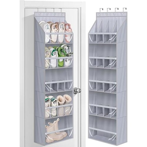 MISSLO 20 Pairs Over The Door Shoe Organizer for Closet Narrow Hanging Shoe Rack for Door Hanger Deep Pocket Door Shoe Holder Storage for Boots, Size 13 Sneakers, Grey