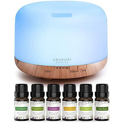 ASAKUKI Essential Oil Diffuser with Essential Oils Set, 500ml Aromatherapy Diffuser - 14 LED Colors & Auto Shut-Off, Top 6 Essential Oils - Lavender Eucalyptus Tea Tree Orange Peppermint Lemongrass