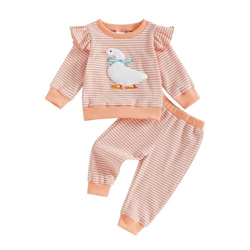 YTYUUJHB Toddler Fall Winter Clothes For Girls Baby Goose Stripes Waffle Pullover Sweatshirts Pants Set Farm Duck Outfit