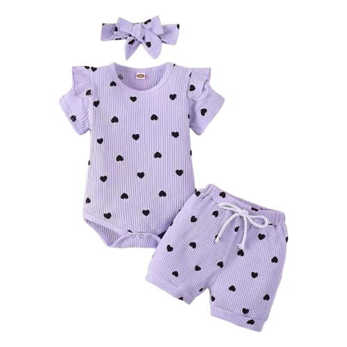 Gibobby Baby Girl Clothes Baby Girls Summer Outfit Ribbed Knit Ruffle Romper Floral Shorts Set Headband Baby Clothes(Purple,3-6 Months)