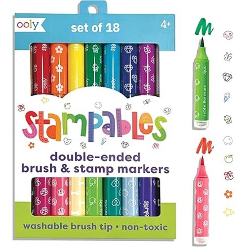 Ooly 18 Double-Sided Stamping Markers- Brush Tip plus Stamp, Cute Back to School Supplies - DOUBLE-ENDED STAMP MARKERS