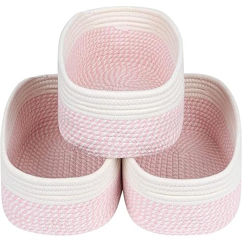CubesLand Rectangle Organization/Storage Basket, Natural Cotton Rope Woven Baskets for Organizing, Small Basket for Kids, Baby Nursery, Cat Dog Toy Baskets, Organizer Bins for Shelves 3 Packs
