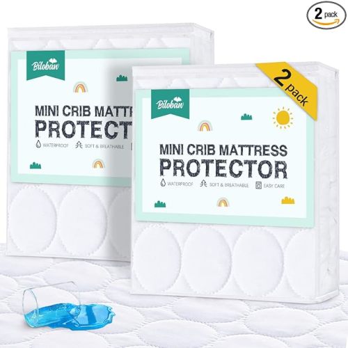 Mini Crib Mattress Protector Sheets Waterproof 2 Pack, Quilted Pack and Play Mattress Pad Cover Fits for Mini Crib/Playen/Pack and Play Mattress, White, 38"x24"