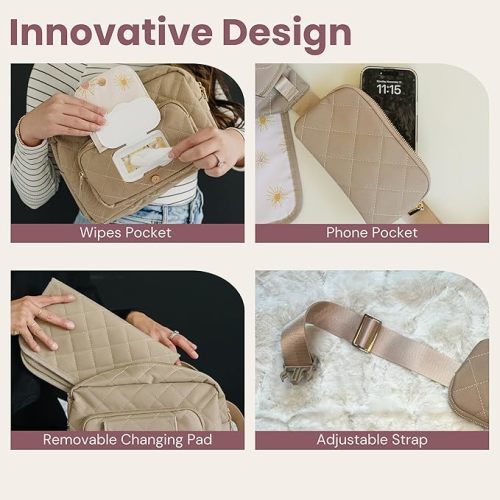 Lion & Light® Small Diaper Bag - Mini Diaper Bag with Portable Changing Pad, Fanny Pack Crossbody Bags for Baby & Toddler, Beige Travel-Friendly Baby Tote with Adjustable Strap & Zippered Pockets