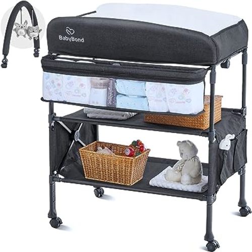 Portable Baby Changing Table, BabyBond Foldable Changing Table Dresser Waterproof Diaper Changing Table Height Adjustable Changing Station for Infant and Newborn(Grey)1