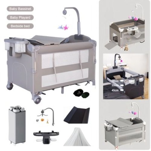 5 in 1 Baby Playards Bedside Crib,Easy Folding Portable Playards with Luxury Mosquito Net for 0-36 Months, Reversible and Music Mobile，Gray