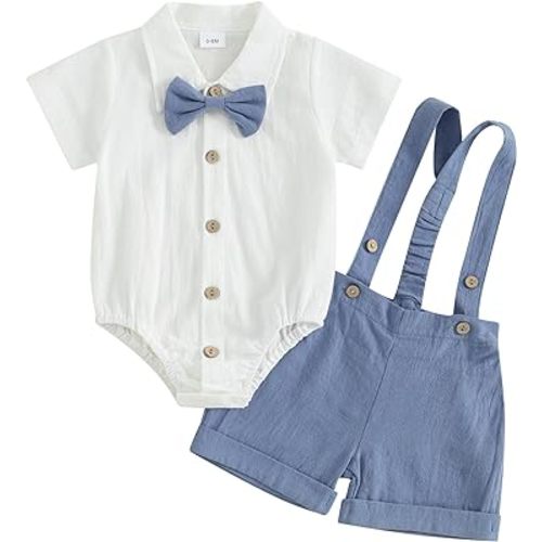 KMBANGI Toddler Newborn Baby Boys Gentleman Outfits Short Sleeve Turn-down Collar Romper Bib Pants Bow Tie 3Pcs Short Set