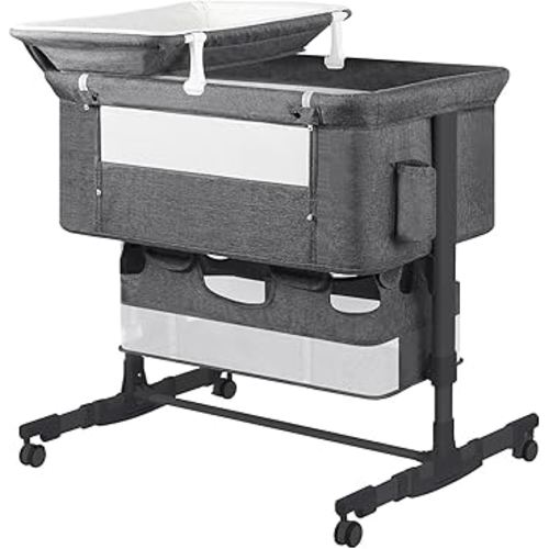 Baby Bassinet Bedside Sleeper with Diaper Changing Station + Mosquito Net + 16gallon Capacity Storage, Adjustable & Portable Bassinet Cosleeping Baby Bed (Black Grey)