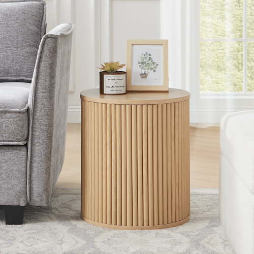 Wirrytor Round Side Table for living room, Fluted End Table for Small Spaces, Mid Century Modern Small Accent Tables, Bedside Table, Couch Side Table, Nightstand for Bedroom Couch,Oak