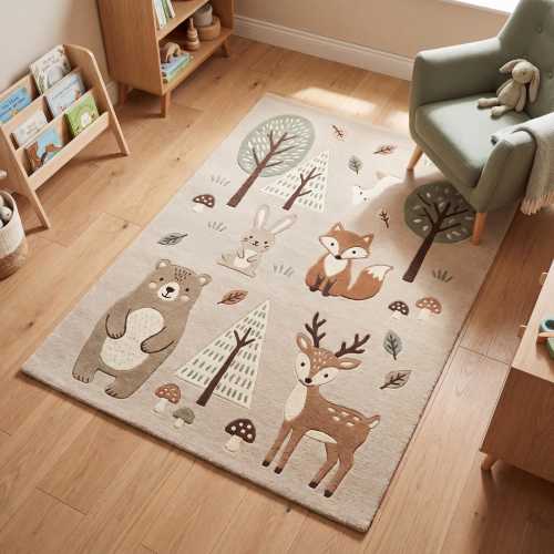 Woodland Nursery Rug Hand Tufted Wool Kids Area Rug Forest Animals Baby Room Decor Neutral Beige Playroom Rug