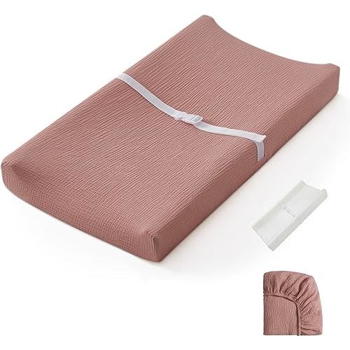 Blissful Diary Muslin Baby Changing Pad with Waterproof Lining Foam, Diaper Changing Table Pad with Cover for Dressers (Dusty Pink, Rectangular)