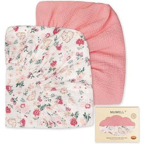 2-Pack Soft Muslin Cotton Crib Sheets, Fitted for Standard Crib Mattress (52"x28"), Breathable & Gentle Baby Bedding (Rabbit & Pink)