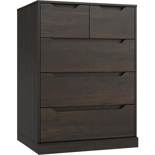 HOSTACK Modern 5 Drawer Dresser for Bedroom, Chest of Drawers with Storage, Wood Storage Chest Organizers with Cut-Out Handles, Accent Storage Cabinet for Living Room, Entryway, Hallway, Dark Brown