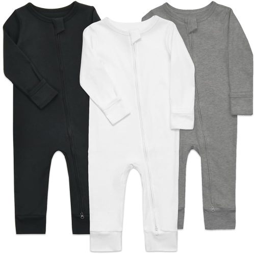 Aablexema 3-Pack Organic Cotton Baby Footless Pajamas with Mitten Cuffs, 2-Way Zipper Romper Sleepers