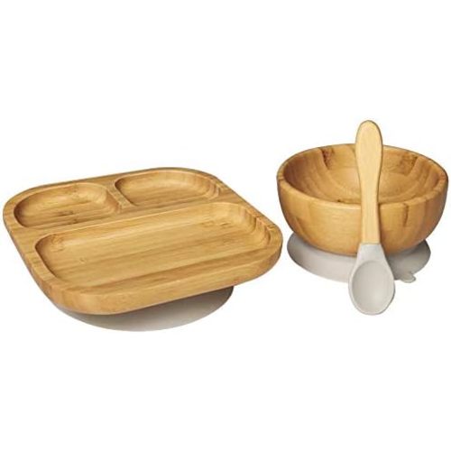Baby Toddler Stay Put Dish, Kids Suction Plate & Bowl & Spoon, Bamboo Cute Dinnerware (Grey Set)