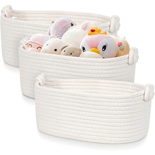 Small Rope Baskets for Organizing - Off White Storage Basket - Cotton Rope Organizer Basket - Cute Toy Basket - Empty Gift Basket - Woven Basket Storage Bin for Nursery, Shelves, Closet - 3 Pack