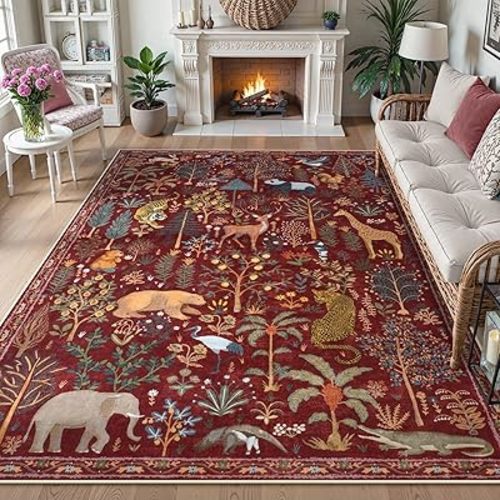 OJIA Jungle Print Washable Area Rugs 5x7, Soft Rugs for Living Room Ultra-Thin Non-Shedding Modern Bedroom Rug, Stain Resistant Throw Rug Large Carpet for Kids Nursery Dining Room, Red