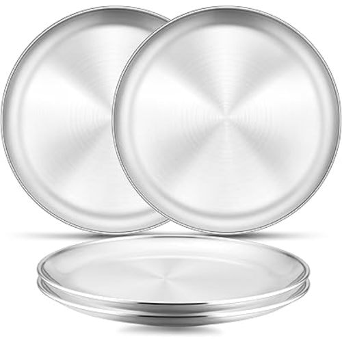 E-far 4-Piece Stainless Steel Plates, 9 Inch Metal Dinner Plates Dishes for Home, Picnic, Outdoor Camping, Healthy & Non-Toxic, Shatterproof & Dishwasher Safe