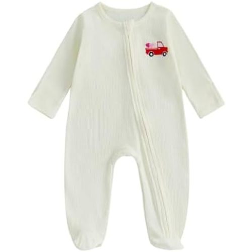 Baby Boy Valentines Outfit Newborn Tractor Heart Onesie Zipper Footie Romper Waffle Jumpsuit Spring Fall Clothes