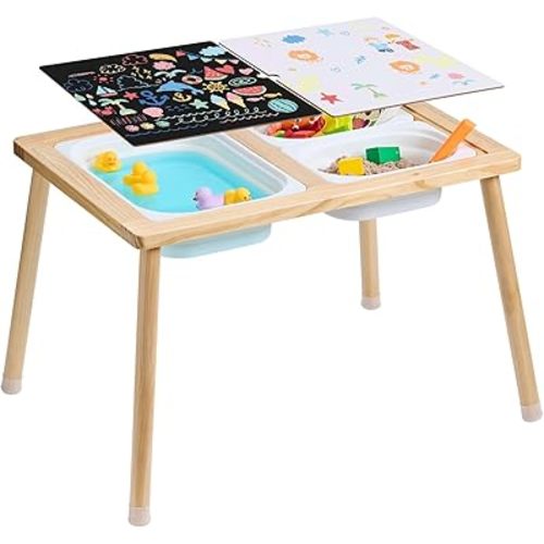 VEVOR Sensory Table for Toddlers, Kids Activity Table with 3 Foldable Storage Bins & Double-Sided Board, Indoor/Outdoor Play Sand and Water Table, Wooden Kids Sensory Table for Drawing Studying Dining