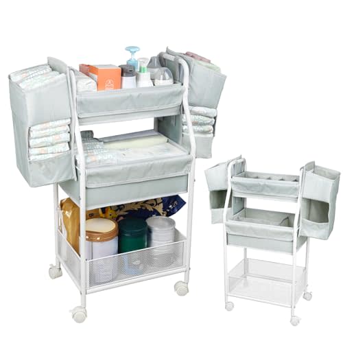 Moteph Rolling Utility Cart with Side Storage - Diaper Organizer, Nursery Essentials, and Craft Organizer (with_Side_Storage)