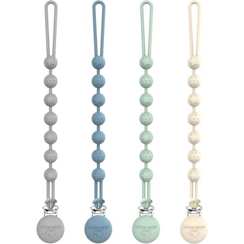 Cuddle Campus Silicone Pacifier Clip Holder with One Piece Design, Pack of 4 Soft Flexible Binky Clips with Texture for Baby Boy and Girl Set 2(6M+)