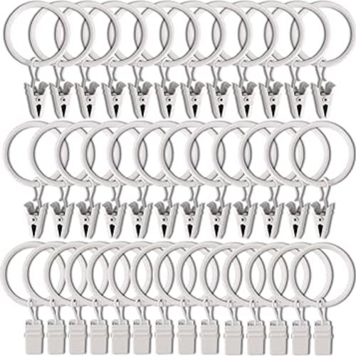 40 Pack White Curtain Rings with Clips, Curtain Hooks Hangers Clip Rings for Hanging Drapes Bows Hat, Drapery Rings 1.26 in I D, Fits up to 1 in Diameter Curtain Rod.